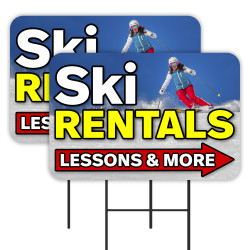 Ski Rentals - Snowboard Skiing 2 Pack Double-Sided Yard Signs 16" x 24" with Metal Stakes (Made in Texas)