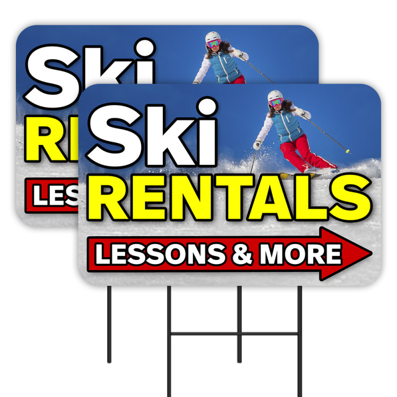 Ski Rentals - Snowboard Skiing 2 Pack Double-Sided Yard Signs 16" x 24" with Metal Stakes (Made in Texas)