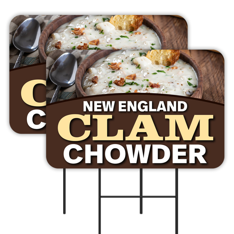 New England Clam Chowder - Seafood 2 Pack Double-Sided Yard Signs 16" x 24" with Metal Stakes (Made in Texas)
