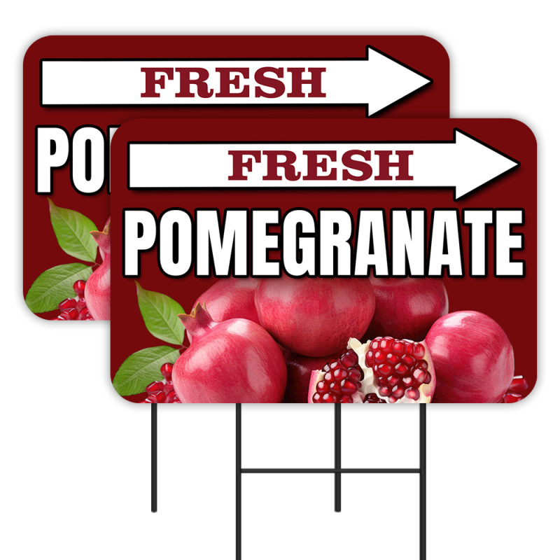 Fresh Pomegranate - Fruit Produce 2 Pack Double-Sided Yard Signs 16" x 24" with Metal Stakes (Made in Texas)