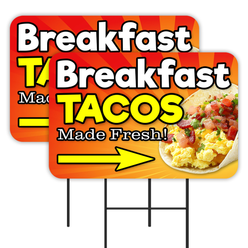 Breakfast Tacos - Burritos Coffee 2 Pack Double-Sided Yard Signs 16" x 24" with Metal Stakes (Made in Texas)