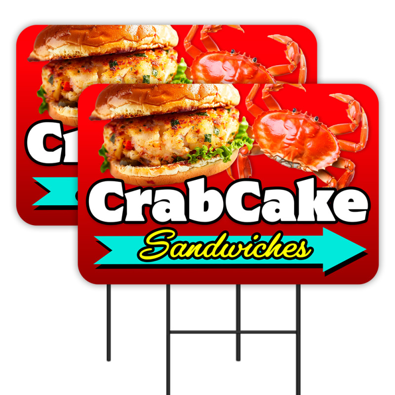Crab Cake Sandwiches - Seafood 2 Pack Double-Sided Yard Signs 16" x 24" with Metal Stakes (Made in Texas)