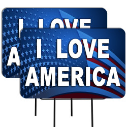 I Love America 2 Pack Double-Sided Yard Signs 16" x 24" with Metal Stakes (Made in Texas)