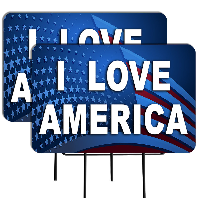 I Love America 2 Pack Double-Sided Yard Signs 16" x 24" with Metal Stakes (Made in Texas)