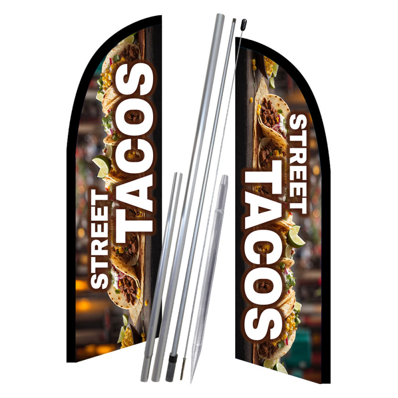 Street Tacos 10' 2 Sided Feather Flag Bundle (Complete Kit) OR Optional Replacement Flag Only
