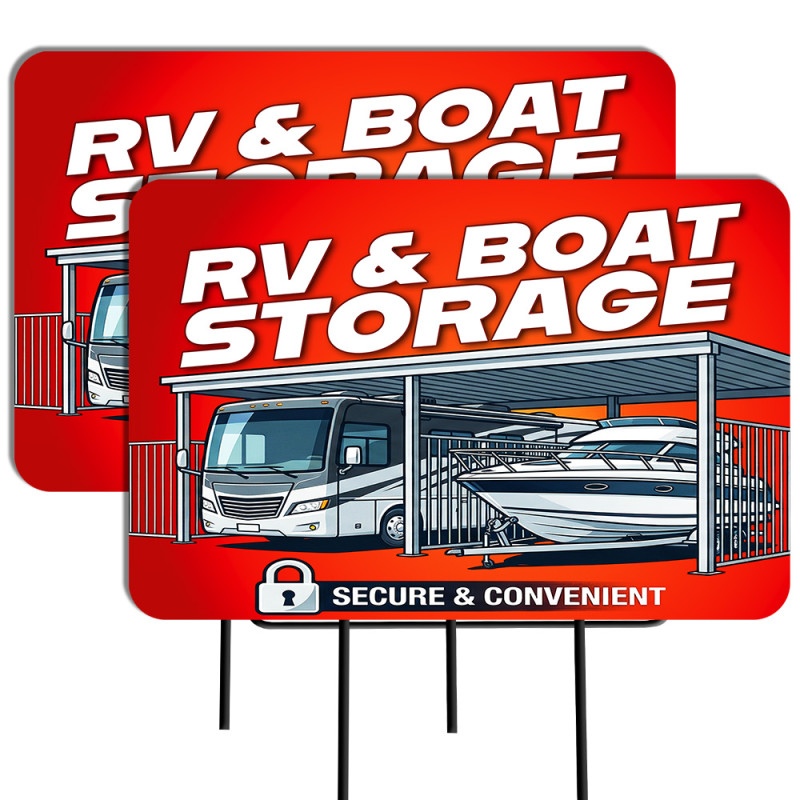 Storage RV & Boat Parking (Red) 2 Pack Double-Sided Yard Signs 16" x 24" with Metal Stakes (Made in Texas)