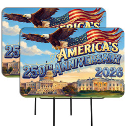 Americas 250th Anniversary 2026 2 Pack Double-Sided Yard Signs 16" x 24" with Metal Stakes (Made in Texas)