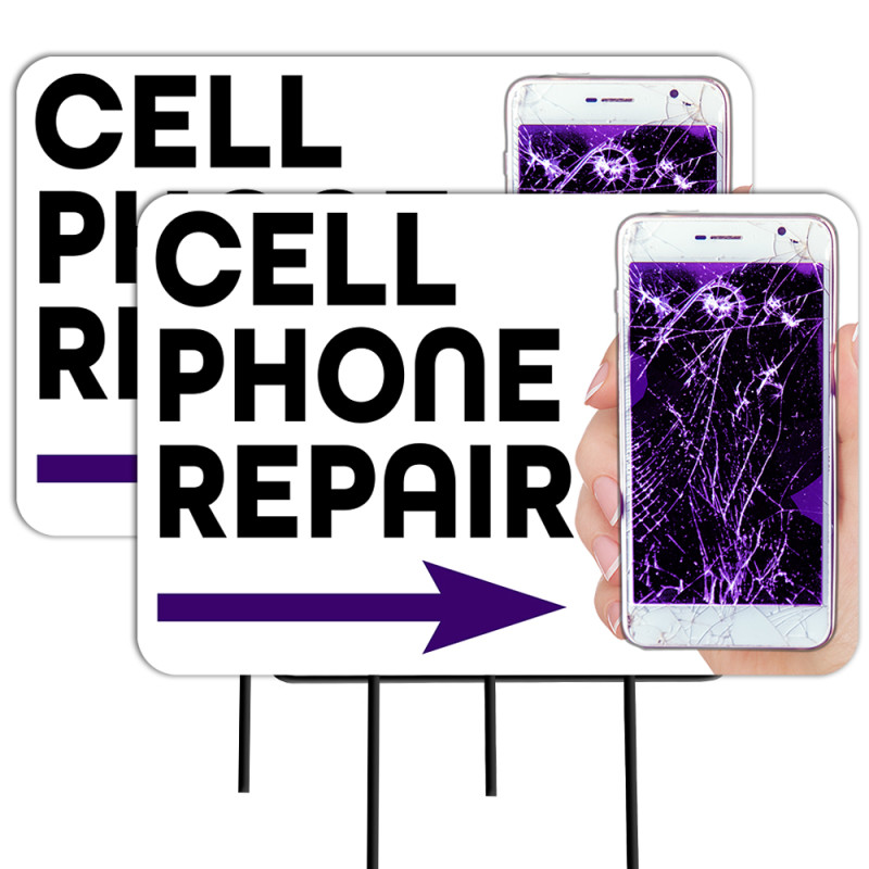 Cell Phone Repair (Arrow) 2 Pack Yard Signs 16" x 24" - Double-Sided Print, with Metal Stakes 841098106287