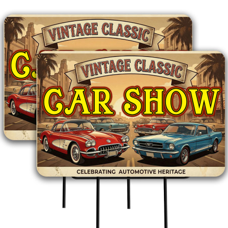 Car Show (Vintage Classic) 2 Pack Double-Sided Yard Signs 16