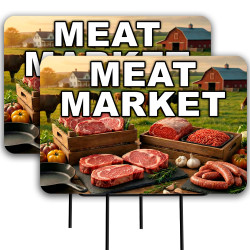 Meat Market 2 Pack Double-Sided Yard Signs 16" x 24" with Metal Stakes (Made in Texas)