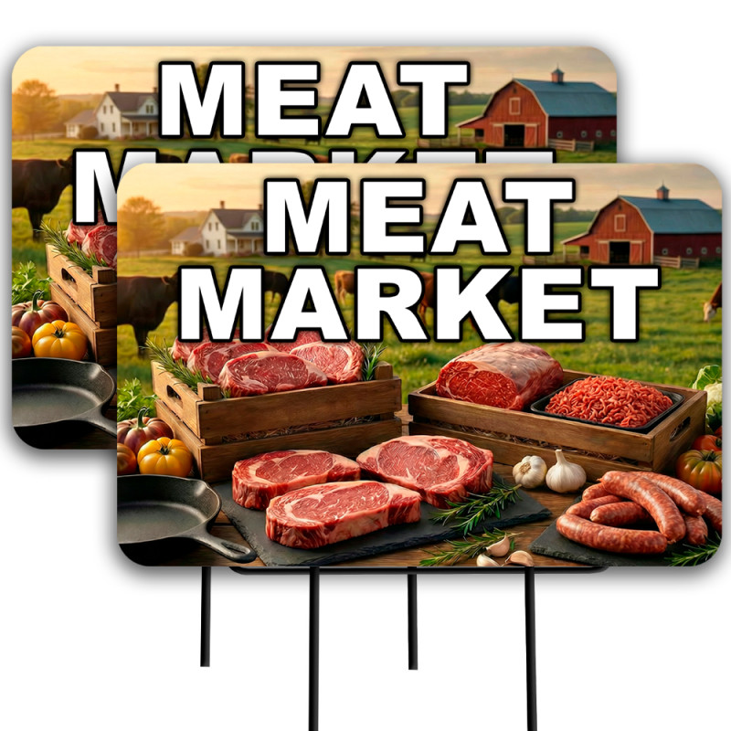 Meat Market 2 Pack Double-Sided Yard Signs 16" x 24" with Metal Stakes (Made in Texas)