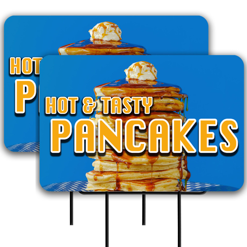 Hot Tasty Pancakes 2 Pack Double-Sided Yard Signs 16" x 24" with Metal Stakes (Made in Texas)