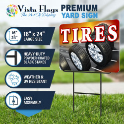 Tires 2 Pack Double-Sided Yard Signs 16" x 24" with Metal Stakes (Made in Texas)
