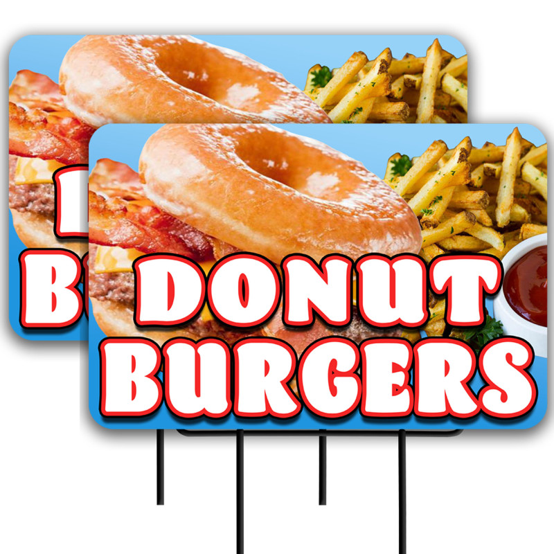 Donut Burger 2 Pack Double-Sided Yard Signs 16" x 24" with Metal Stakes (Made in Texas)