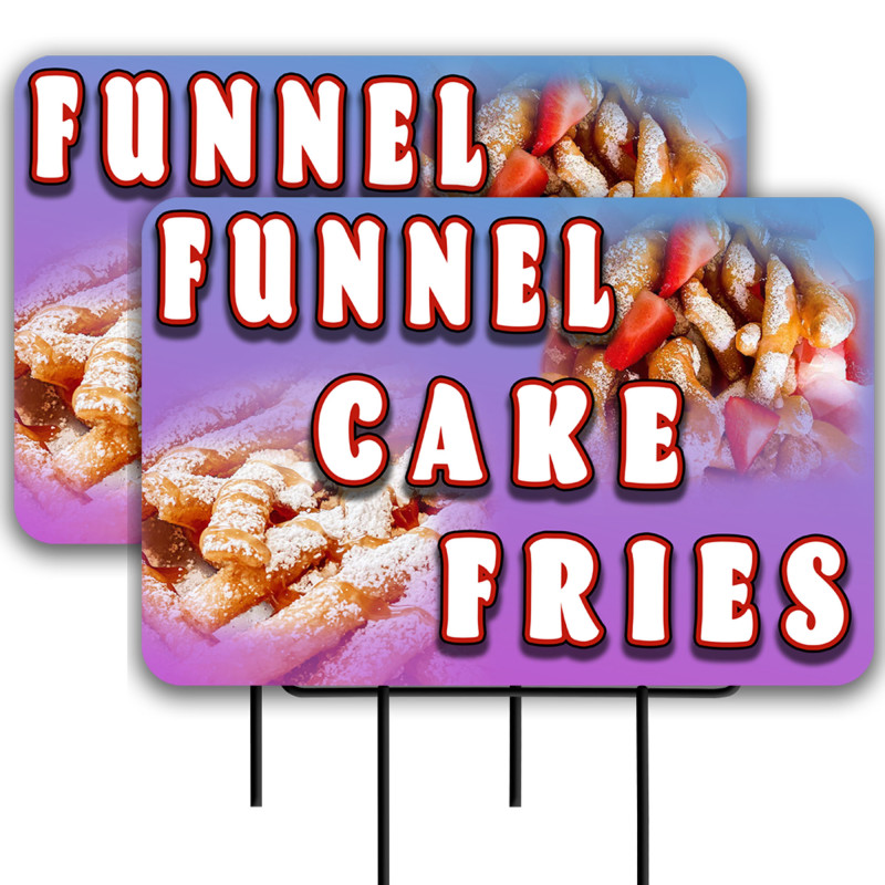 Funnel Cake Fries 2 Pack Double-Sided Yard Signs 16" x 24" with Metal Stakes (Made in Texas)