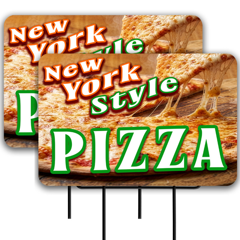 New York Pizza 2 Pack Double-Sided Yard Signs 16" x 24" with Metal Stakes (Made in Texas)