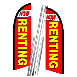 Now Renting (red/yellow) 10' 2 Sided Feather Flag Bundle (Complete Kit) OR Optional Replacement Flag Only
