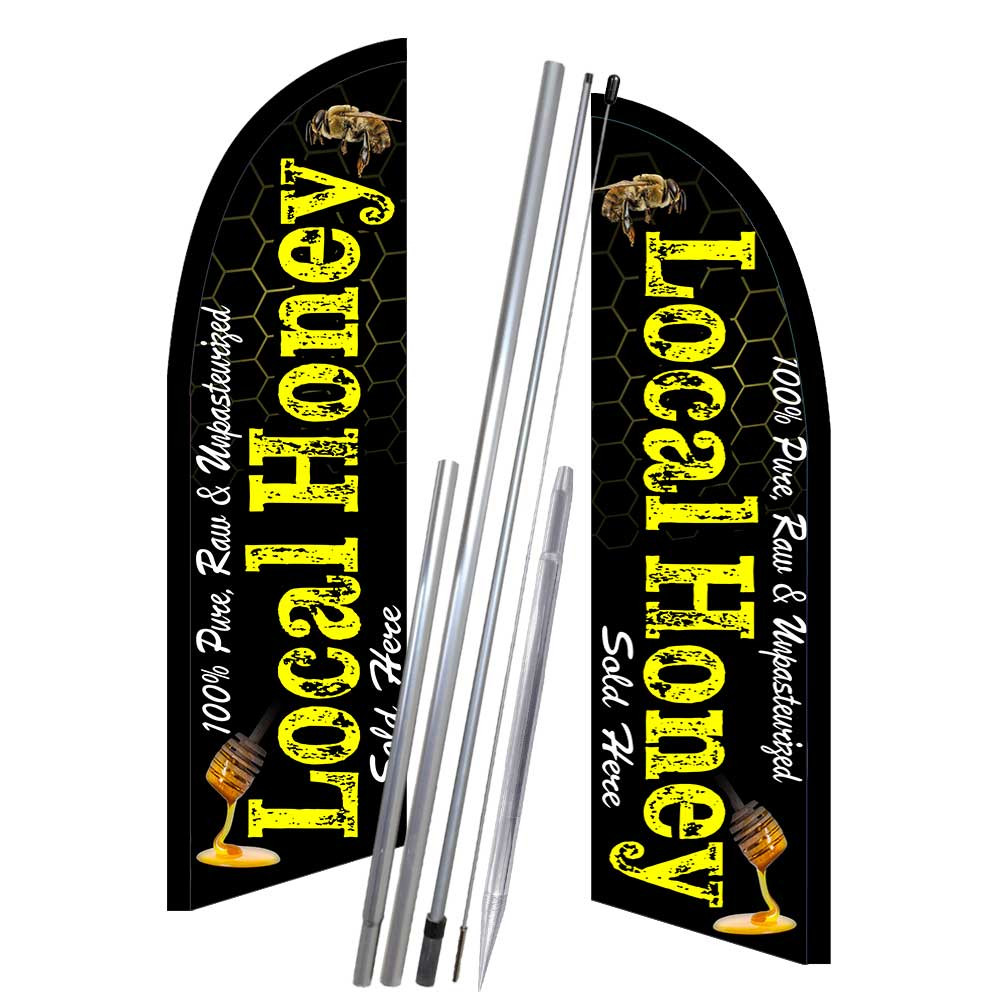 Local Honey (black/yellow) 10′ 2 Sided Feather Flag Bundle (Complete Kit) OR Opt