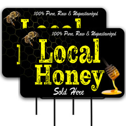 Local Honey (black/yellow) 2 Pack Double-Sided Yard Signs 16" x 24" with Metal Stakes (Made in Texas)