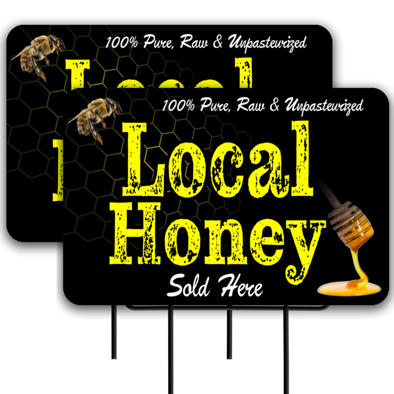 Local Honey (black/yellow) 2 Pack Double-Sided Yard Signs 16" x 24" with Metal Stakes (Made in Texas)