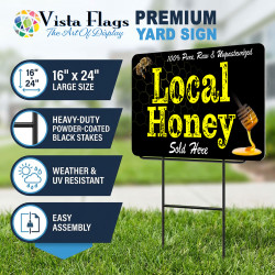 Local Honey (black/yellow) 2 Pack Double-Sided Yard Signs 16" x 24" with Metal Stakes (Made in Texas)