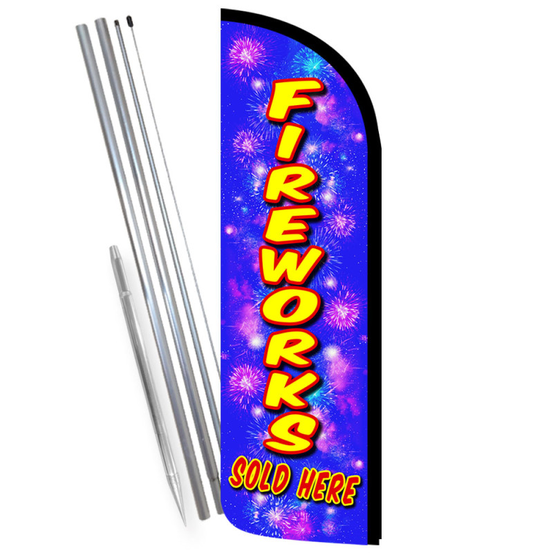 Fireworks (blue and red) Premium Windless Feather Flag Bundle (Complete Kit) OR Optional Replacement Flag Only