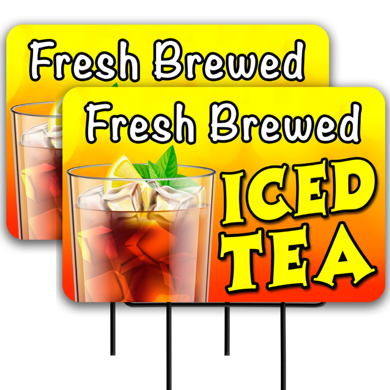 Fresh Brewed Iced Tea 2 Pack Double-Sided Yard Signs 16" x 24" with Metal Stakes (Made in Texas)