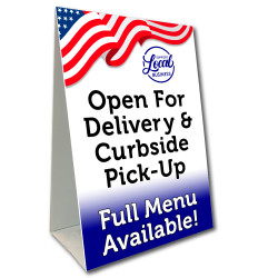 Open for Delivery Or Curbside Pick-Up (Patriotic) Economy A-Frame Sign 2 Feet Wide by 3 Feet Tall