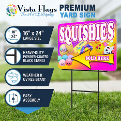 Squishies Sold Here 2 Pack Double-Sided Yard Signs 16" x 24" with Metal Stakes (Made in Texas)