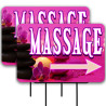 Massage (magenta) 2 Pack Double-Sided Yard Signs 16" x 24" with Metal Stakes (Made in Texas)