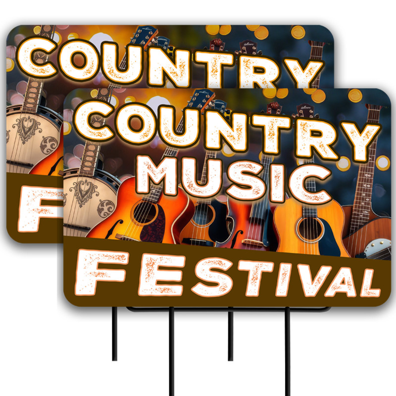 Country Music Festival 2 Pack Double-Sided Yard Signs 16" x 24" with Metal Stakes (Made in Texas)