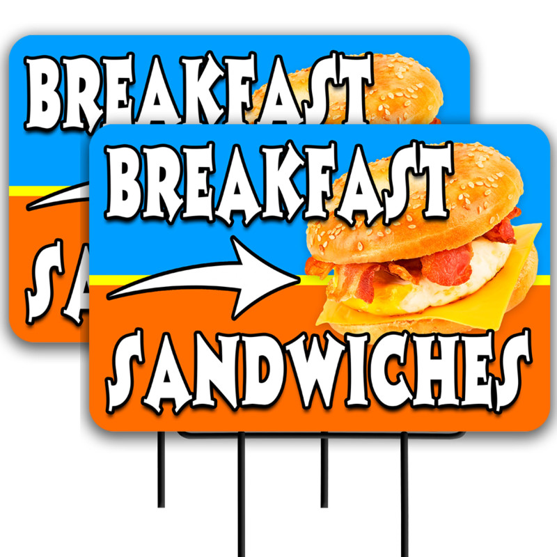 Breakfast Sandwiches 2 Pack Double-Sided Yard Signs 16" x 24" with Metal Stakes (Made in Texas)