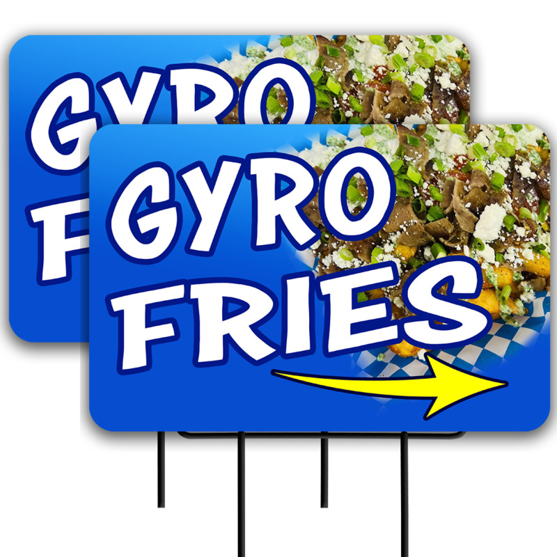 Gyro Fries 2 Pack Double-Sided Yard Signs 16" x 24" with Metal Stakes (Made in Texas)