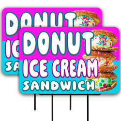 Donut Ice Cream Sandwich 2 Pack Double-Sided Yard Signs 16" x 24" with Metal Stakes (Made in Texas)