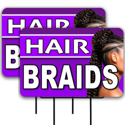 Hair Braids 2 Pack Double-Sided Yard Signs 16" x 24" with Metal Stakes (Made in Texas)