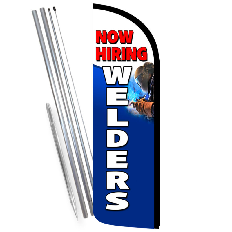 Now Hiring Welders Premium Windless Feather Flag Bundle (Complete Kit) OR Optional Replacement Flag Only