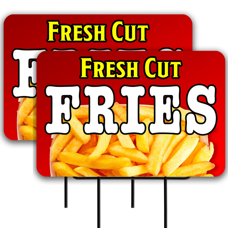 Fresh Cut Fries 2 Pack Double-Sided Yard Signs 16" x 24" with Metal Stakes (Made in Texas)