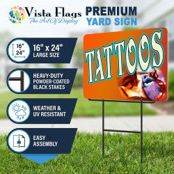 Tattoos (orange) 2 Pack Double-Sided Yard Signs 16" x 24" with Metal Stakes (Made in Texas)