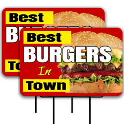 Best Burgers in Town 2 Pack Double-Sided Yard Signs 16" x 24" with Metal Stakes (Made in Texas)