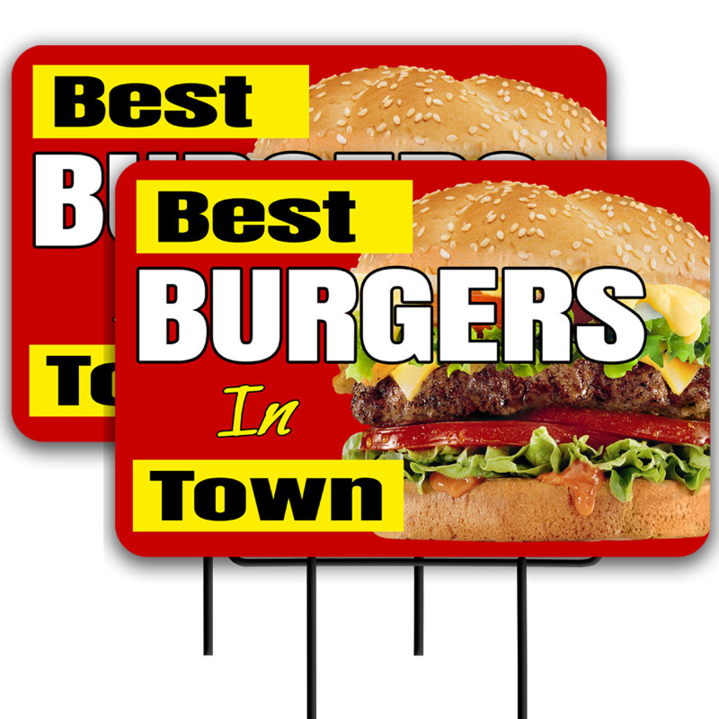 Best Burgers in Town 2 Pack Double-Sided Yard Signs 16" x 24" with Metal Stakes (Made in Texas)