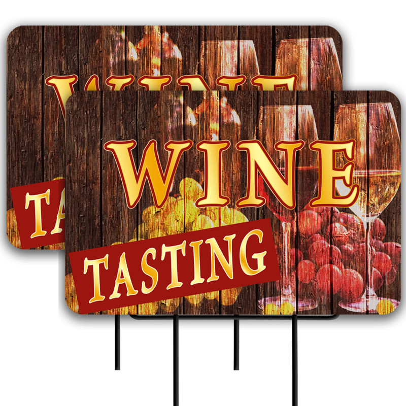 Wine Tasting (wood) 2 Pack Double-Sided Yard Signs 16" x 24" with Metal Stakes (Made in Texas)