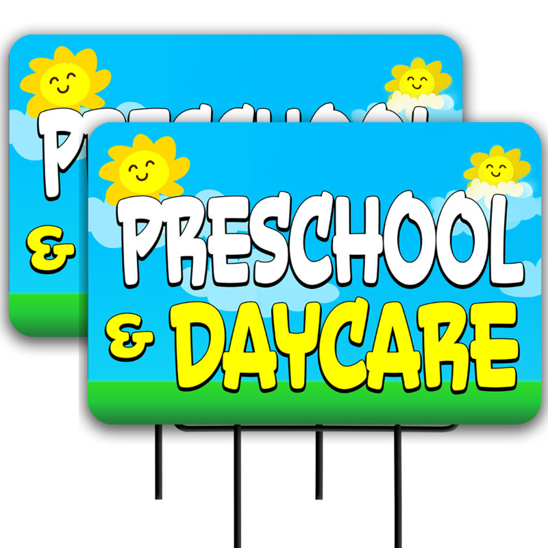 Preschool & Daycare 2 Pack Double-Sided Yard Signs 16" x 24" with Metal Stakes (Made in Texas)