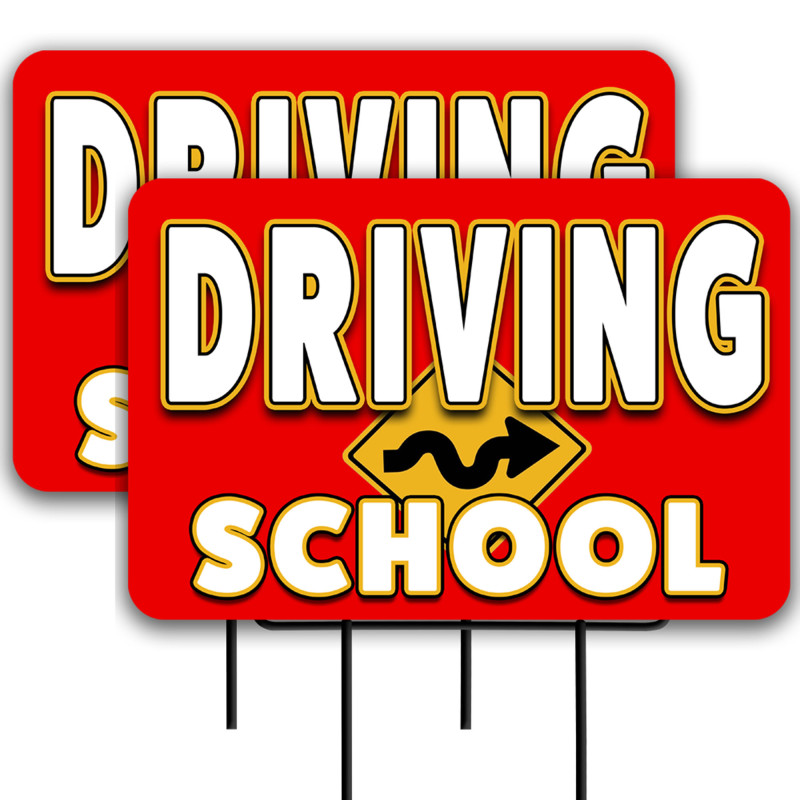 Driving School 2 Pack Double-Sided Yard Signs 16" x 24" with Metal Stakes (Made in Texas)
