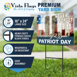Never Forget September 11 - 25 Years 2 Pack Double-Sided Yard Signs 16" x 24" with Metal Stakes (Made in Texas)