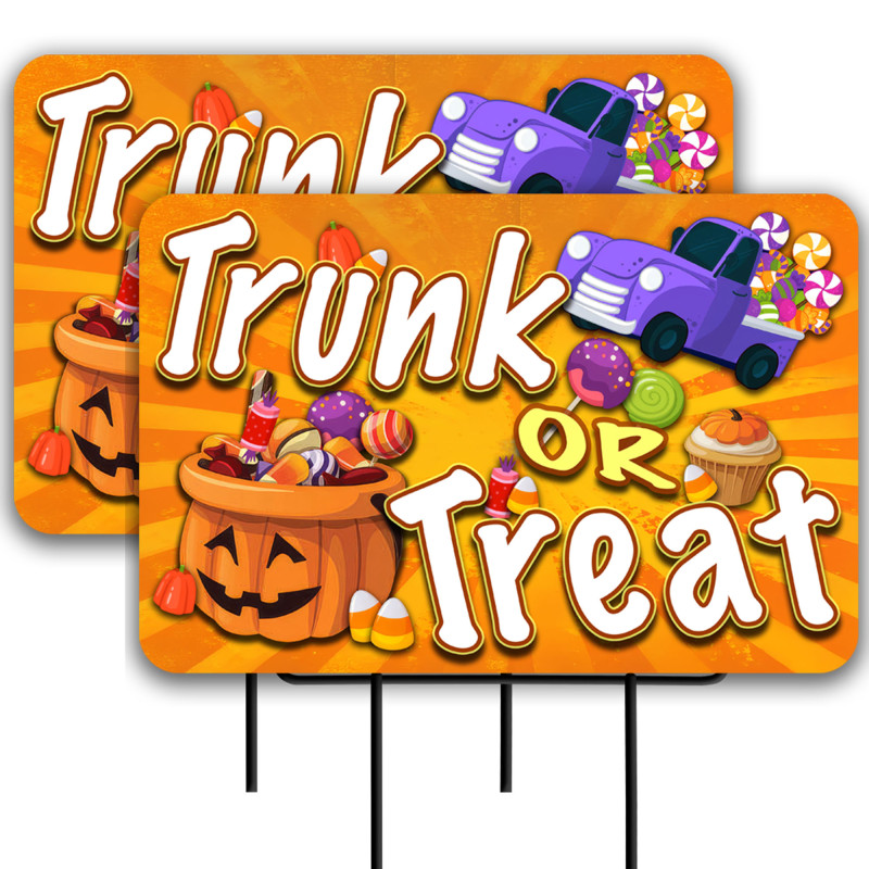 Trunk or Treat 2 Pack Double-Sided Yard Signs 16" x 24" with Metal Stakes (Made in Texas)