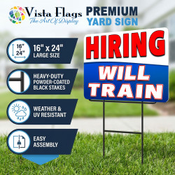 Hiring Will Train 2 Pack Double-Sided Yard Signs 16" x 24" with Metal Stakes (Made in Texas)