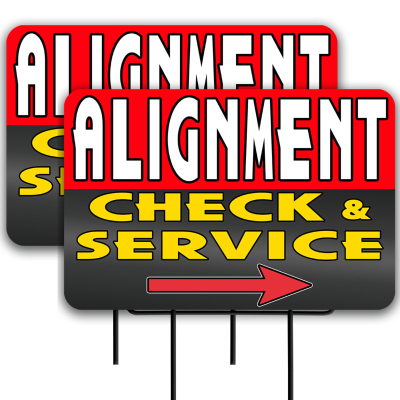 Alignment Check & Service 2 Pack Double-Sided Yard Signs 16" x 24" with Metal Stakes (Made in Texas)