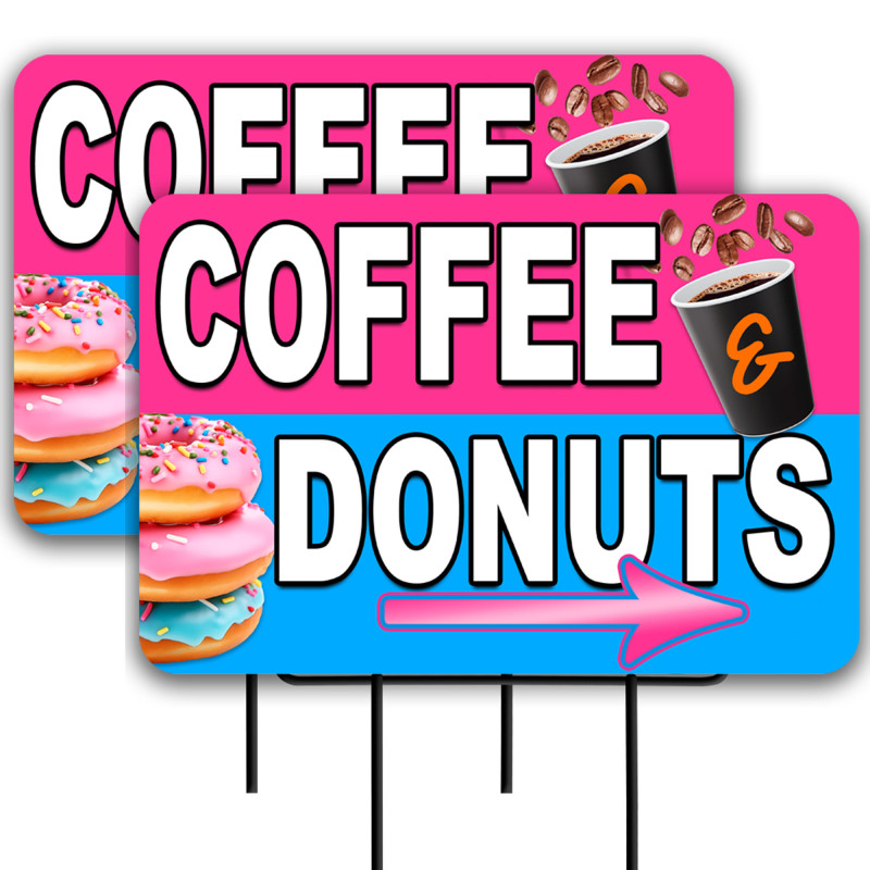 Coffee & Donuts 2 Pack Double-Sided Yard Signs 16" x 24" with Metal Stakes (Made in Texas)