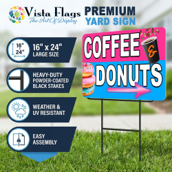 Coffee & Donuts 2 Pack Double-Sided Yard Signs 16" x 24" with Metal Stakes (Made in Texas)