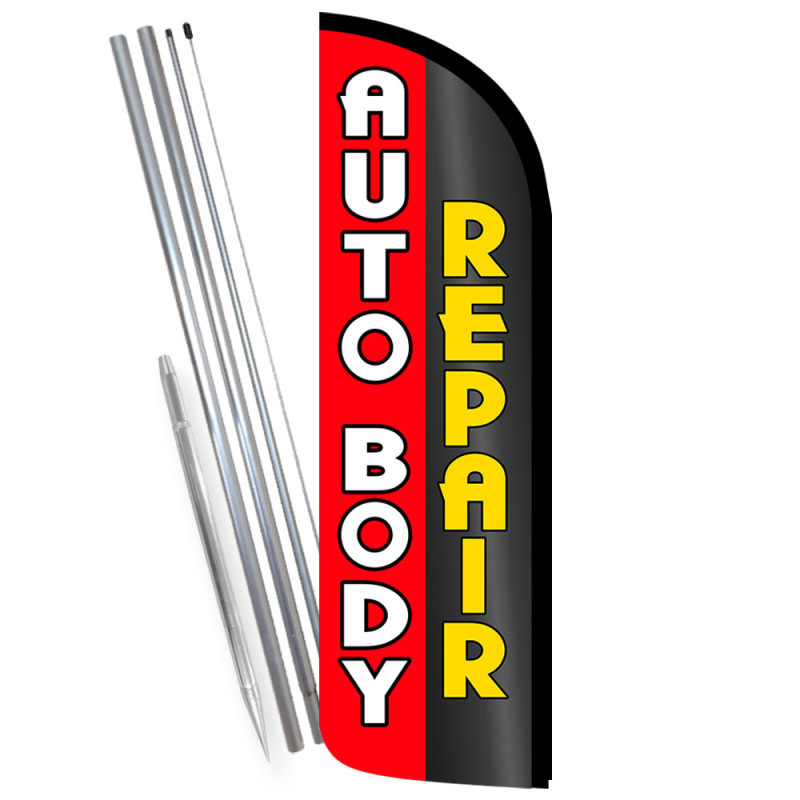 Auto Body Repair Premium Windless Feather Flag Bundle (Complete Kit) OR Optional Replacement Flag Only